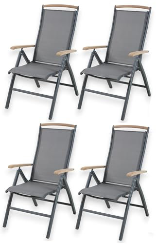 ALEOS. Hochlehner Trinidad Aluminium Gartensessel Hochlehner mit Armlehnen echt Teakholz 7-Positions Sessel 7-Fach verstellbar Outdoor Textilgewebe klappbar, Größe:4 Stück