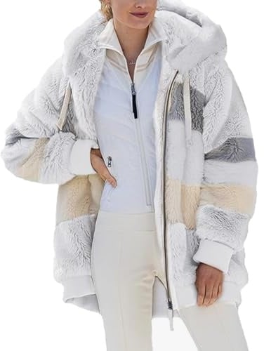 ABINGOO Damen Teddy Winterjacke Warm Kuscheljacke Übergangsjacke mit Kapuze | Reißverschluss, Farbblock, Herbst Winter Oversize Mantel, Flauschig Plüschjacke Fleecejacke mit Taschen