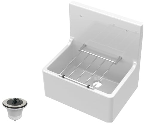 Balterley Utility Sink with Grill and Waste, Fireclay Ceramic Cleaner Sinks, Traditional Wall Mounted Tall Splashback Utility Outdoor Sink Unit for Garage and Laundry - 515 x 393 x 535mm (White)