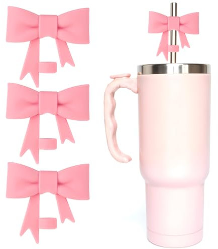 Sibba Bow Straw Covers Cap Toppers 3 Pcs Cute Tumbler Cups Lid Reusable Silicone Straw Topper 10mm Pink Straw Cover Lids Kitchen Utensils for 30&40 oz Tumbler with Handle