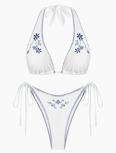 ZAFUL Damen-Bikini, Triangel-Bikini, Multiway-Fischnetz-Bindeband, Bandeau-Neckholder-Bikini-Set, zweiteiliger Badeanzug, 3 Blumen bestickt blau, Medium