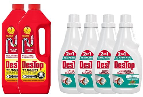 DESTOP Pack Gel Déboucheur Turbo Javel 2 x 1L + Gel Entretien Canalisations Pin intense 4 x 750ml