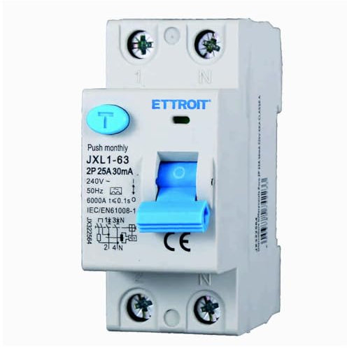 Interruttore differenziale puro, 2P 2 poli, occupa 2 moduli, Tipo AC, 220V 230V AC, 25A C25, 30mA, 6KA 6000A, RCCB, Montaggio su guida DIN, classe A