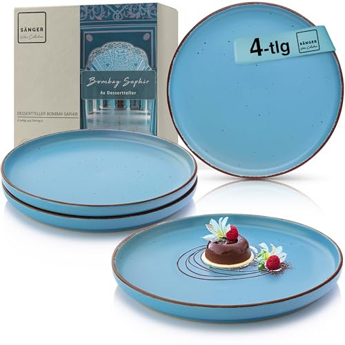 Sänger Bombay Saphir | Dessertteller 4 teilig, Steingut Frühstücksteller 4 Personen, Kuchenteller kleine Teller spülmaschinenfest mikrowellenfest, Steingut Geschirr blau | VALUE COLLECTON