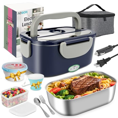 AOSION Electric Lunch Box for Adults, 3 IN 1 Heated Lunch Box with 1.5L Container, 80W Lonchera Eléctrica Portátil, Food Warmer for Car/Truck/Office, Gift for Men (Blue)