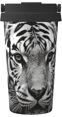 FJWSLCH 500ml Stainless Steel Tumbler with Lid and Handle Travel Coffee Mug Vacuum Insulated Travel Mugs Double Wall Car Cup Thermal Mug Black and white tiger Tumblers Gifts for Women Men
