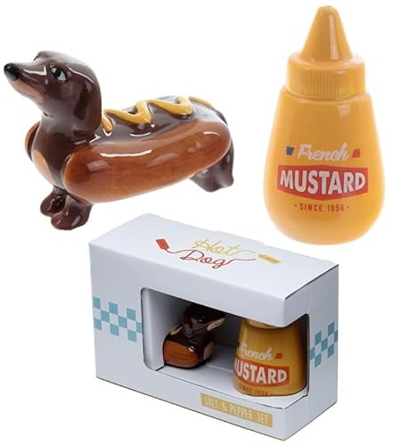 M1SS Novelty Design Ceramic Made Salt & Pepper Shakers Pots Gift Set Shaker Box Flat Style Great Iconic Design for Home & Kitchen (Sausage Dog & Mustard)
