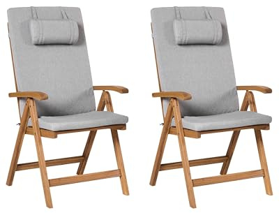 Beliani Rustic Set of 2 Garden Chairs Light Acacia Wood Folding Grey Melange Cushions Java Premium