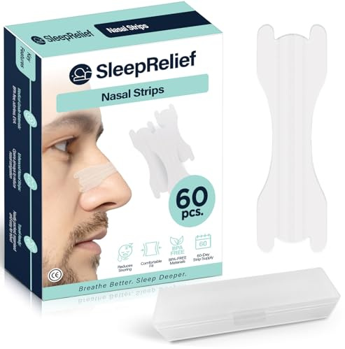 Nasal Strips 60 Pieces Nose Strips for Breathing, Relieve a Blocked Nose Due to Colds, Allergies, Snore Strips for Sports and Sleep, Nose Strips for Snoring, Snoring Strips Drug-Free - SleepRelief