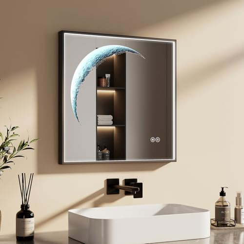 EMKE Badspiegel mit Beleuchtung 50 cm – Schwarzer Badezimmerspiegel mit Antibeschlag, dimmbarem kaltweißem Licht, Touchschalter & Autoabschaltung – Horizontal & Vertikal montierbar