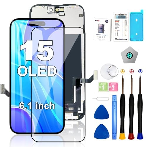 EFAITHFIX Ersatzbildschirm für iPhone 15, OLED [kein LCD] 6,1 Zoll Display 3D Touchscreen FHD Digitizer Rahmen Montage (A2846 A3089 A3090 A3092) mit Reparaturwerkzeugen, wasserdichter selbstklebender