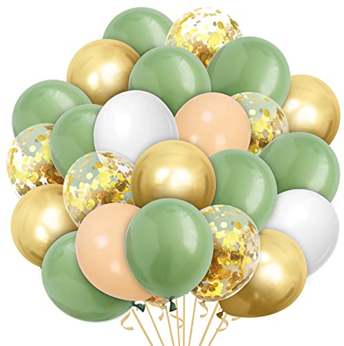 Luftballons Retro Grün Weiß, 60 Stück Gold Konfetti Latexballons, Metallic Gold Luftballons, 12 Zoll Avocado Grün Helium Ballons für Geburtstag Babyparty Hochzeit Graduierung Feier Dekorationen