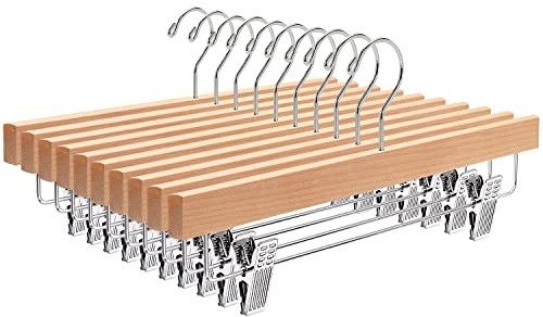 Amber Home 10 Unidades 35,5cm Perchas de Madera Natural, Robusta y Brillante Percha para Pantalones Shorts Faldas Calcetines y Ropa Interior, con Clips Antideslizantes y Ganchos Giratorios