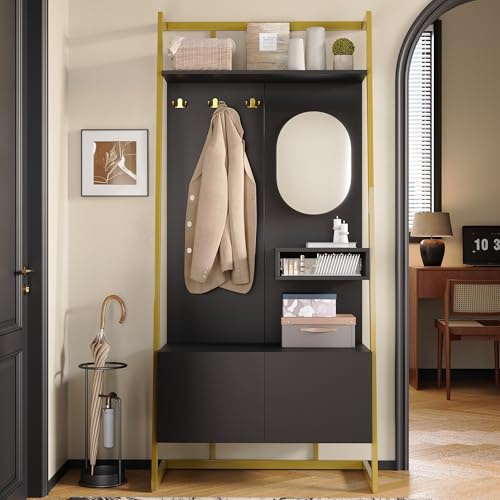 Merax Ensemble de garde-robe, garde-robe, compact, avec miroir, armoire à chaussures, compartiments de rangement ouverts et crochets, noir, 78 x 38,5 x 180,5 cm