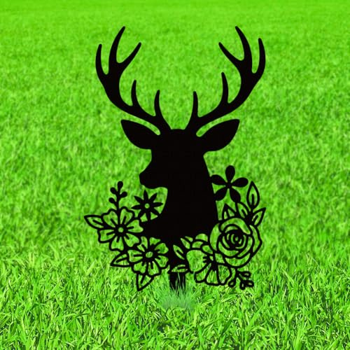 WADORN Dekorative Metall Gartenstecker Mit Hirschkopf Und Blumen, Schwarze Outdoor Statuen Silhouette Niedliche Hirsche Geschenkidee Für Liebhaber Tierpfähle Ornamente Für Garten Terrasse Rasendekor