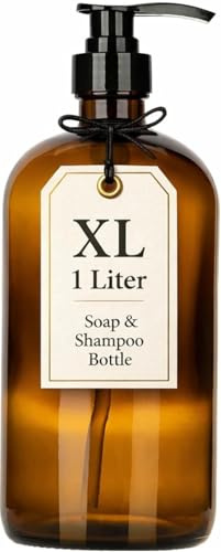 32 Ounce Glass Pump Dispenser Bottle, Large Amber Container with Pump for Shower and Bath Shampoo Soap Conditioner Lotion - 1 Liter Shower Bottles- by Kitchentoolz