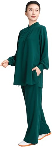 CHUIKUAJ Vêtements de Tai Chi, Ensemble Traditionnel Chinois pour Femmes, Uniforme de Kung Fu à Manches Longues, Tenue de Méditation Zen pour Arts Martiaux (Haut + Pantalon) (Green, XL)