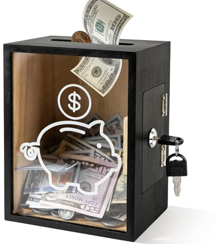 Money Saving Box Clear Piggy Bank for Adults and Kids Wooded Savings Jar with Lock Coin Change Bank Openable Money Saver Donation Collection Boxes for Cash Coins Tips