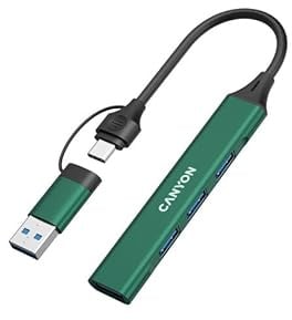 Canyon 4 Port USB-C Hub OnHub 02 - Compact, Universal Green Hub for USB-C & USB-A Computers, Tablets & Smartphones - 4 X USB-A Ports for Data Transfer