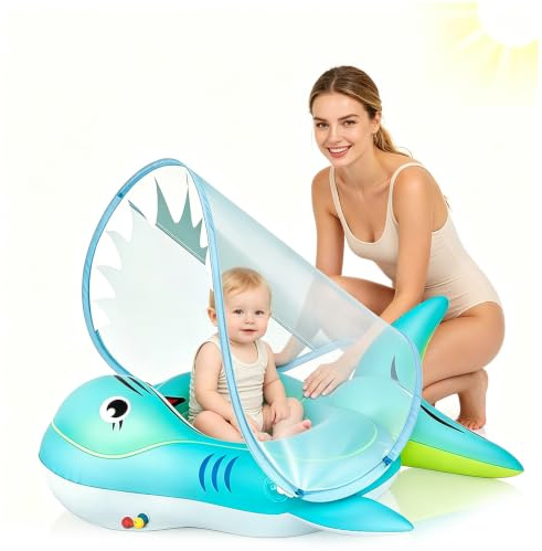 Galleggiante gonfiabile per neonati, 10-24 mesi, con squalo blu, anello galleggiante per piscina con tettuccio parasole, coda anti-scivolo, anello da nuoto per bambini e ragazzi