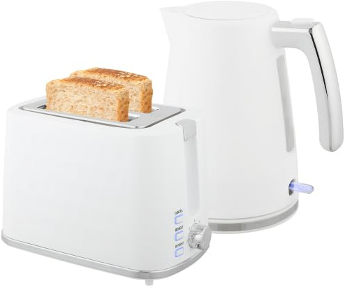 HOMCOM Ensemble bouilloire et grille-pain acier 2200 W 1,7 L, blanc | Bouilloire thermostat Otter avec filtre anti-calcaire, grille-pain 2 fentes, 7 réglages de brunissage