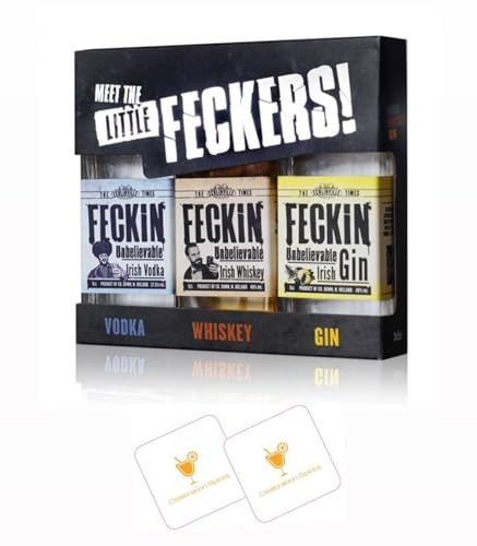 Feckin Little Feckers Mini 3 Pack Spirits Gift Set | Gin, Vodka & Whiskey 5Cl | + 2 Celebration Spirits Beer Mats