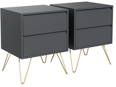 Garvis Home Nachttisch 2er Set, Nachtschrank mit 2 Schubladen, MDF Nachtkonsole mit goldenen Hairpin-Legs, Retro Beistelltisch für Boxspringbett, inkl. Kippschutz (Anthrazitgrau)