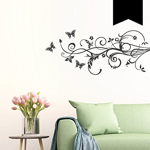 WANDKINGS Wandtattoo - Schmetterling Hibiskus Ranke - 140 x 59 cm - Schwarz - Wähle aus 5 Größen & 35 Farben