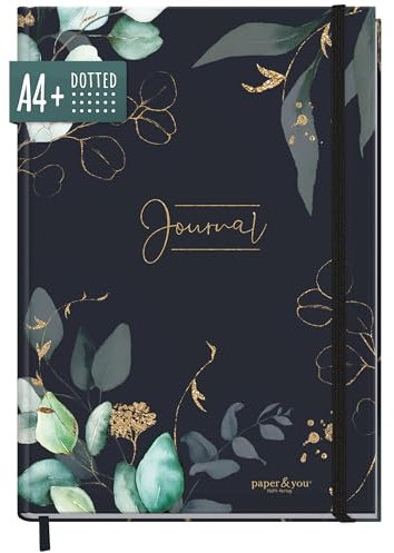 paper&you® Bullet Journal dotted A4+ mit Gummiband Mondscheinblüten 156 Seiten, Notizbuch gepunktet, Skizzenbuch, Tagebuch - nachhaltig & klimafreundlich