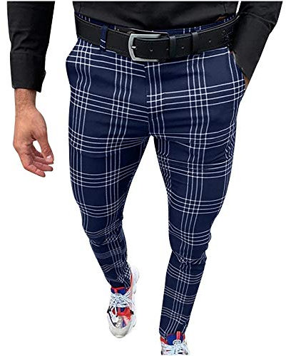 Masrin Männer Business Casual Hosen Plaid Flat-Front Skinny Dress Pants Schlanke Bleistifthose mit Taschen(S,Blau)