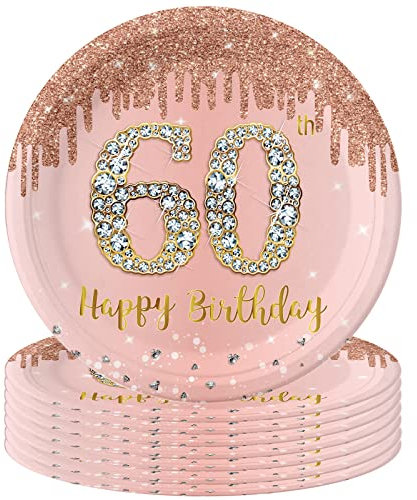 16Pcs 60th Birthday Rose Gold Paper Plates 9 inch,60th Rose Gold Woman Birthday Party Paper Plates,Happy 60thBirthday for Her,Women,60thBirthday Gifts Party Supplies