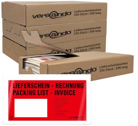 versando 4x 250 Lieferscheintaschen DIN lang selbstklebend Dokumententaschen Begleitpapiertaschen rot/schwarz bedruckt: Lieferschein/Rechnung in Spenderbox