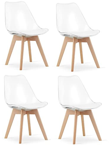 NMK HOME Sillas Comedor Pack 4 - Transparente Sillas de Cocina - Patas de Silla en Madera de Haya - Piel Sintética Aterciopelada
