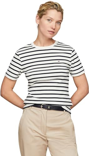 Tommy Hilfiger Damen T-Shirt Kurzarm New Slim Cody Rundhalsausschnitt, Mehrfarbig (Breton Ecru/Desert Sky), XXS
