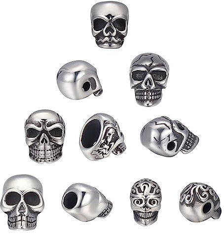 UNICRAFTALE 10 Stk 5 Stile Schädel Perlen 304 Edelstahl Distanzperlen Antik Silber Totenkopf Perlen 2~8mm Loch Lanyard Perlen Metall Bartperlen Armbänder Abstandsperlen Für Schmuckherstellung
