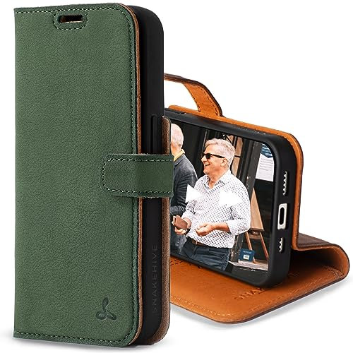 Snakehive Leather Wallet for iPhone 15 Pro - Real Leather Wallet Phone Case - Genuine Leather with Viewing Stand and 3 Card Holder - Flip Folio Cover with Card Slot (Green)