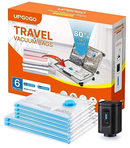 UPGOGO Travel Vacuum Storage Bags With Portable Electric Pump (6 Pack) - Space Saver for Clothing and Luggage - Travel Essentials