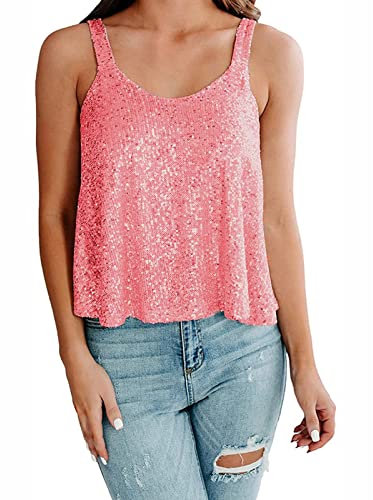 EQWIGKEIT Pailletten Top Damen Ärmellos Tunika Weste Damen Spaghetti Tops Glitzer Oberteile Pailletten Tank Tops Hippie Kostüm V-Ausschnitt Camisole Tank Silvester Outfit Trägertop Sparkle Party