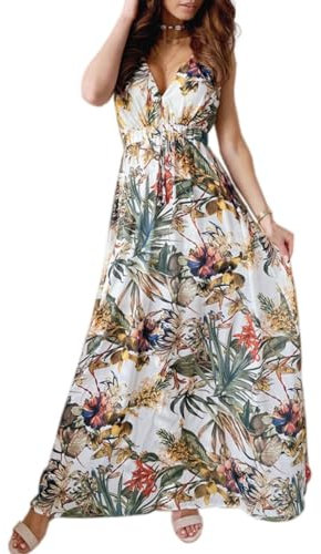 CheChury Damen Sommerkleid Lang Maxikleid Sommer V Ausschnitt Kleid Floral Maxikleider Elegant Freizeitkleider Ärmellos Strandkleid Lang Kleider Partykleid Freizeitkleider Boho Maxi Dress,Weiß,XXL