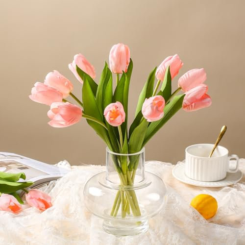 YunNasi Tulipanes Artificiales 10pcs Flores Artificiales Realistas Tulipanes Falsos Decorativas Interior Ramo de Novia Regalo de Fiesta y Cumpleaños (Rosa, 10pcs)
