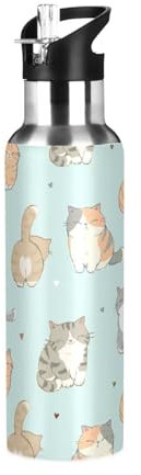 Sevdomey Botella de agua con diseño de gato de dibujos animados con tapa de popote, 32 onzas, botella de agua aislada al vacío de acero inoxidable para deportes, ciclismo, senderismo, gimnasio,
