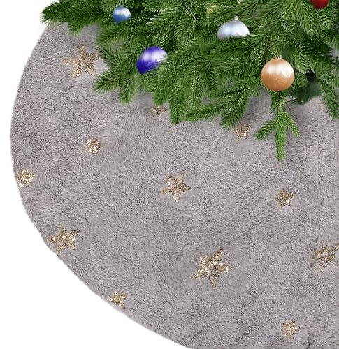 KONVINIT Weihnachtsbaumdecke Round Christbaumdecke Grau Luxus Kunstfell Weihnachtsbaumrock mit Pailletten Stern Weihnachtsbaum Teppich Weihnachtsdekoration sehr Weich und warm,78cm/90cm/122cm