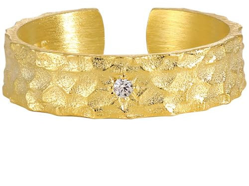 NicoWerk Damen Silberring gehämmert aus 925 Sterling Silber Rustikal Ausgefallen Keltig Matt mit Stein Struktur Bandring Vergoldet Offen SRI1097