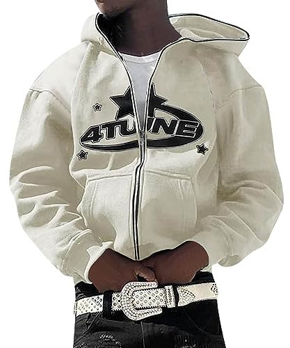 Generisch Herren Y2K Kapuzenjacke Reißverschluss Kapuzenjacke Sportjacke Zip Up Hoodies Hip Hop Hoodie Sweatjacke Oversized Sweatshirt Outdoorjacke Kapuzenpullover Stylisch Streetwear Khaki S