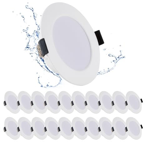 Grebeam Lot de 20 Spots LED Encastrables 5W, Spot Salle de Bain, IP44, 450LM, Ultramince 25 mm, Blanc Froid 6000K, Trous Ø75-90mm, Spot LED Extérieur Rond pour Cuisine, Chambre, AC 220V-240V