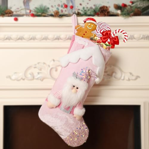 FOSDICK Medias de Navidad, 44cm Calcetines Navidad Chimenea, Grandes de Papá Noel, Bolsa de Regalo Colgante para la decoración Familiar navideña de Personajes para Fiestas, Rosa