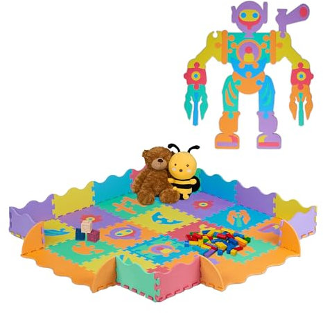 Relaxdays Puzzlematte, 4 x 4 Spielmatte mit Rand, Roboterteile, schadstofffreie Schaumstoffmatte, Kindermatte, bunt