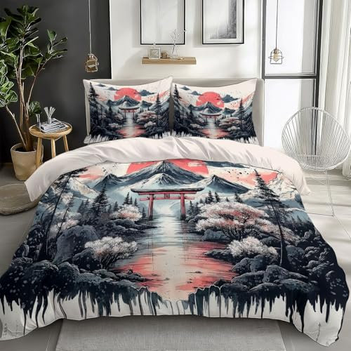 Quixora Bettwäsche 135 x 200 cm für Jugendliche Kinder Weich Gemütlich Bettbezug Japanische Berge Und Torii-Tor Muster Beigerosa Wendebettwäsche Einzelbett mit 2 Kissenbezug 80x80