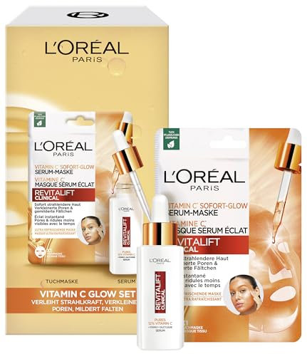 L'Oréal Paris RevitaLift Clinical Vitamin C Glow Set: Serum & Maske mit purem 12% Vitamin C für strahlende Haut und verfeinerte Poren