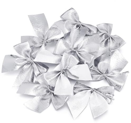 Wisafory 30 Stück Weihnachten Schleifen Glitzer Klein Schleifen Weihnachtsbaum Schleifen Mini Weihnachtsbaum Bögen 5.5 * 5cm für Kunst Handwerk Weihnachtsbaumschmuck Weihnachtskranz Silber